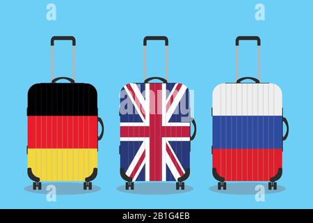 Set di valigie moderne con bandiera europea copertina, cartone animato illustrazione vettoriale Illustrazione Vettoriale