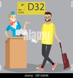Passeggeri caucasici con valigia a piedi sulle partenze, numero di porta e equipaggio di cabina all'aeroporto. Uomo hippster con la barba che tira la valigia a Illustrazione Vettoriale