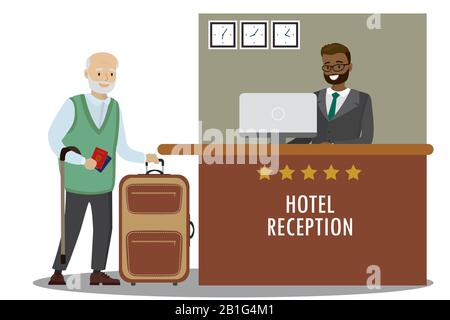 Al banco della reception si trova un'addetta al ricevimento di uomini afroamericani e turisti caucasici. Viaggi, ospitalità, concetto di prenotazione hotel.Cartoon flat vec Illustrazione Vettoriale