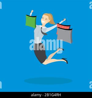 Happy Jumping donna con shopping borse, cartone animato vettore illustrazione Illustrazione Vettoriale