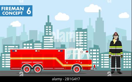 Il concetto di Fireman. Illustrazione dettagliata di pompiere donna e camion del fuoco in stile piatto sullo sfondo con la città. Illustrazione del vettore. Illustrazione Vettoriale