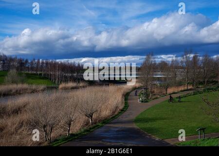 Il Northern Parklands nel Queen Elizabeth Olympic Park di Londra guardando lungo il fiume Lea Foto Stock