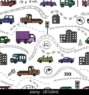Sfondo colorato senza cuciture con una varietà di veicoli, segnaletica, strada. Illustrazione Vettoriale
