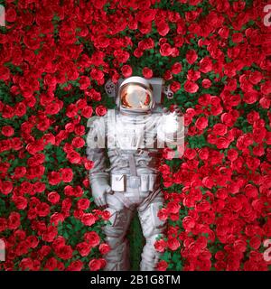 Red rose spaceman / 3D illustrazione della scena fantascientifica surreale con astronauta giacente nel campo dei fiori luminosi Foto Stock