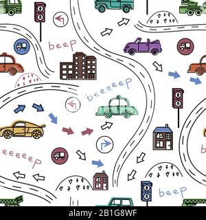 Sfondo colorato senza cuciture con una varietà di veicoli, segnaletica, strada. Illustrazione Vettoriale