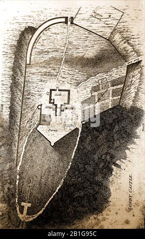 Un piano del 1780 del castello di Lundy sull'isola britannica di Lundy nel canale di Bristol. Fa parte della Contea di Devon e del distretto di Torridge. E' lungo circa 3 miglia e largo poco più di mezzo miglio. Il re Enrico III costruì il castello, spesso conosciuto come il castello di Marisco. L'isola è stata sede di pirati e monaci e si dice che una volta è stato dato ai Cavalieri Templari, anche se vi è dubbio se mai messo a piedi sull'isola. Durante la guerra civile inglese, Thomas Bushell prese Lundy per il re Carlo I. L'isola ha avuto un certo numero di proprietari compreso 're' Martin Coles Harman. Foto Stock