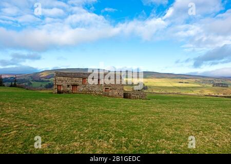 Stone Barn a Wensleydale, Yorkshire Dales, con vista verso Abbotside e Askrigg Common Foto Stock