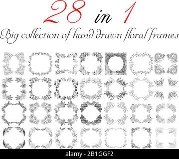 Grande collezione di 28 cornici floreali disegnate a mano. Fiori botanici floreali grandi set isolato su uno sfondo bianco. Raccolta di vettori di contorno disegnati a mano. Illustrazione Vettoriale