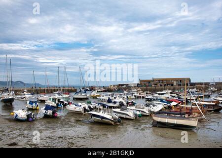 Barche locali sulla zona sabbiosa intertidale a bassa marea in legis ryme, Inghilterra meridionale Foto Stock