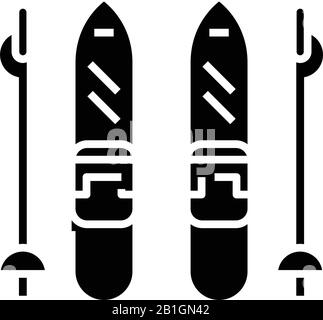 Icona nera per lo sci alpino, illustrazione concettuale, simbolo piatto vettoriale, simbolo glifo. Illustrazione Vettoriale