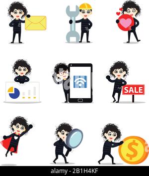 Set personaggio di forbici maschio mano in un film romantico. Illustrazione Vettoriale