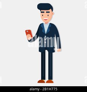 uomo che indossa la tuta guardando lo smartphone per l'illustrazione vettoriale concetto di business Illustrazione Vettoriale