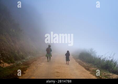 TA Xua, provincia di Son la, Vietnam - 22 gennaio 2020: La donna etnica H'mong che cammina sulla strada del villaggio in nebbia in Ta Xua, provincia di Son la, Vietnam Foto Stock