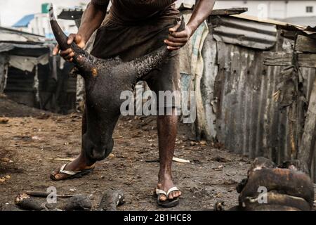 Lavorazione della carne di capra a Gudu, Abuja, Nigeria. Foto Stock