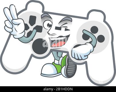 Cute cartoon mascotte immagine di joystick bianco con due dita Illustrazione Vettoriale