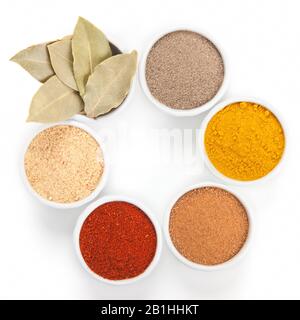 Spezie diverse in ciotole bianche isolate su fondo bianco. Paprika, Curry, Pepe Nero, Zenzero, Cannella, Foglie Della Baia. Foto Stock