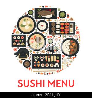 Menu di sushi, ristorante di cucina giapponese, tè verde e panini Illustrazione Vettoriale