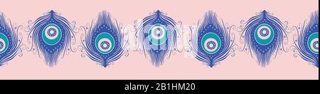 Banner piuma Peacock. Bordo di sfondo per la progettazione di pattern vettoriali senza cuciture. Illustrazione Vettoriale