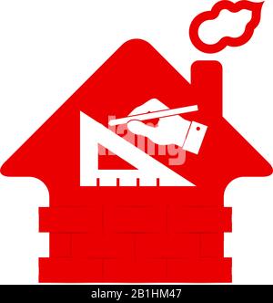Ufficio architettonico, casa disegno icona vettoriale. Cartello rosso con camino per fumatori. Illustrazione Vettoriale
