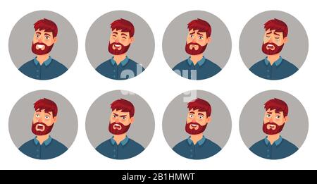 Emozioni facciali di carattere maschile. Felice uomo sorridente volto, espressione arrabbiata e diverse emozioni facce cartone animato vettore illustrazione set Illustrazione Vettoriale