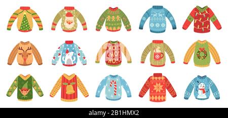 Cartone animato Natale partito jumpers. Vacanze di Natale brutto pullover, maglia inverno ponticello e divertente Santa sweater vettore set Illustrazione Vettoriale