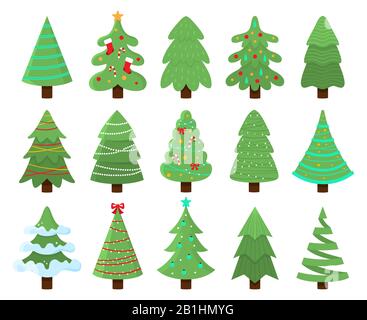 Alberi di Natale decorati. Albero di Nuovi Anni con araldi, steso vettore di pino di natale illustrazione set Illustrazione Vettoriale