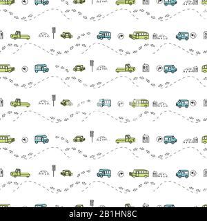 Sfondo colorato senza cuciture con una varietà di veicoli, segnaletica, strada. Illustrazione Vettoriale