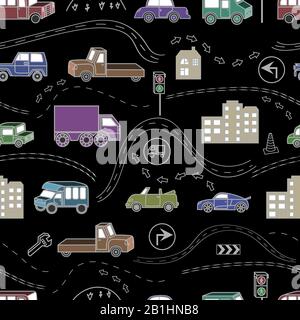 Sfondo colorato senza cuciture su nero con una varietà di veicoli, segnaletica, strada. Illustrazione Vettoriale