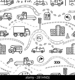 Sfondo colorato senza cuciture con una varietà di veicoli, segnaletica, strada. Illustrazione Vettoriale