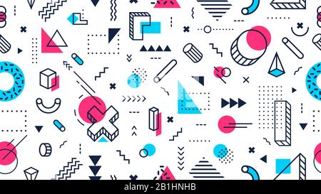 Colorato stile memphis senza cuciture. Forme geometriche astratte, design moderno e funky e sfondo vettoriale in stile memphis 80s Illustrazione Vettoriale