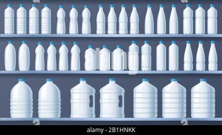 Bottiglie in plastica sui ripiani. Ripiano per acqua distillata in bottiglia, bevande liquide e acqua minerale pura per conservare l'illustrazione vettoriale Illustrazione Vettoriale