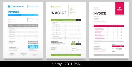 Modello modulo fattura aziendale. Fatturazione di preventivi, fatture di denaro o di prezzo e modelli di progettazione di accordi di pagamento vettore impostato Illustrazione Vettoriale