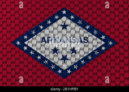 La bandiera nazionale dello stato americano Arkansas contro un materiale tessile grigio con filo di sego il giorno dell'indipendenza in diversi colori di blu r Foto Stock