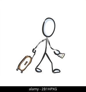 Uomo a piedi con valigia e biglietto aereo in aeroporto. Disegnato a mano. Cartone animato Stickman. Schizzo barboncino, illustrazione grafica vettoriale Illustrazione Vettoriale