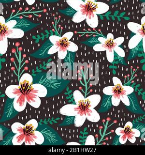 Fiore di ciliegio senza cuciture modello vettoriale. Bianco e rosa Sakura fiore o giapponese fioritura ciliegia simbolo di primavera su sfondo nero. Per il tessile Illustrazione Vettoriale