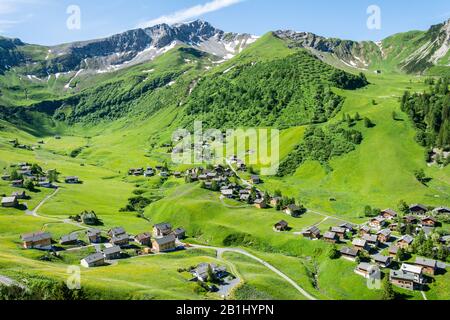 Veduta aerea sul villaggio di Malbun del Liechtenstein. Foto Stock
