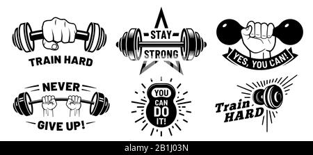 La motivazione della palestra cita. Fitness inspirational, bodybuilding forte e dumbbell in mano vettore illustrazione set Illustrazione Vettoriale