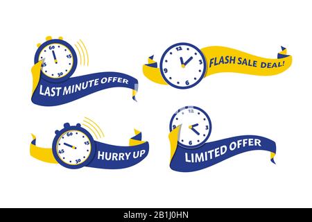 Set di quattro banner con testo offerta Last minute, flash vendita affare, fretta, offerta limitata. Illustrazione del vettore Illustrazione Vettoriale