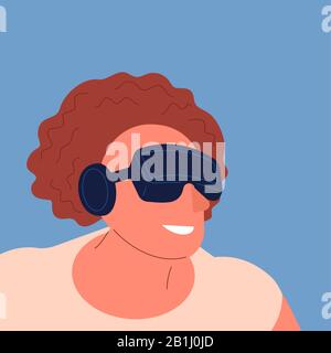 Uomo caucasico sorridente con i capelli rossi che portano l'auricolare di realtà virtuale. Illustrazione del vettore piatto Illustrazione Vettoriale
