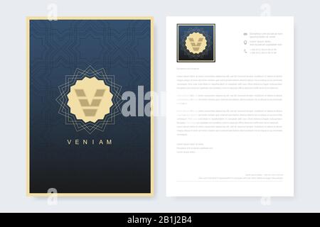 Elegante modello di carta intestata in stile minimalista con logo. Design d'affari Golden Luxury per copertina, banner, invito, carta intestata, branding Illustrazione Vettoriale