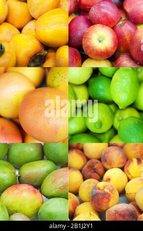 Collage di frutta. I persimmoni, le mele, i pompelmo, i limi, i manghi e le pesche. Foto Stock