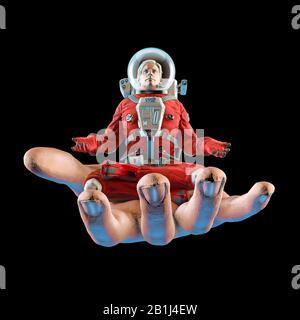 Mano di dio astronauta / 3D illustrazione della scena fantascientifica surreale con astronauta meditante tenuto nel palmo di una mano umana gigante sul dorso nero Foto Stock