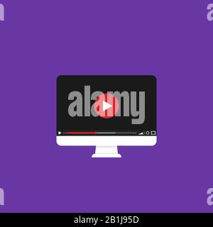 Monitor con pulsante di riproduzione. Schermo nero con pulsante di riproduzione rosso, blog video o video tutorial concetto Illustrazione Vettoriale