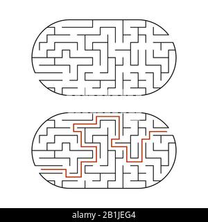 Labirinto ovale nero. Gioco per bambini. Puzzle per bambini. Labirinto enigma. Immagine vettoriale piatta isolata su sfondo bianco. Con la risposta Illustrazione Vettoriale