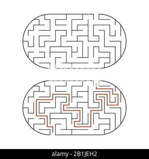 Labirinto ovale nero. Gioco per bambini. Puzzle per bambini. Labirinto enigma. Immagine vettoriale piatta isolata su sfondo bianco. Con la risposta Illustrazione Vettoriale