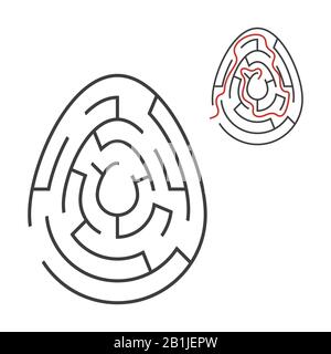 Labirinto ovale nero. Gioco per bambini. Puzzle per bambini. Vacanza, uovo, Pasqua. Labirinto enigma. Immagine vettoriale piatta isolata su sfondo bianco. Illustrazione Vettoriale