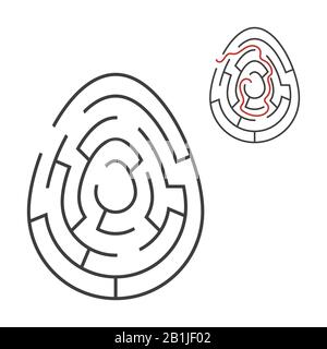 Labirinto ovale nero. Gioco per bambini. Puzzle per bambini. Vacanza, uovo, Pasqua. Labirinto enigma. Immagine vettoriale piatta isolata su sfondo bianco. Illustrazione Vettoriale