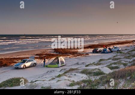 Campeggio sulla spiaggia, coperto di alghe, Golfo del Messico, Mustang Island state Park, Gulf Coast, Texas, Stati Uniti Foto Stock