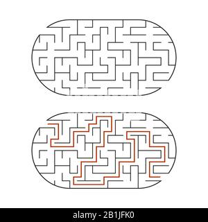 Labirinto ovale nero. Gioco per bambini. Puzzle per bambini. Labirinto enigma. Immagine vettoriale piatta isolata su sfondo bianco. Con la risposta Illustrazione Vettoriale