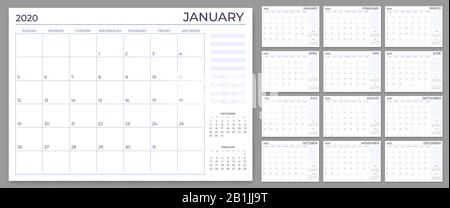 Modello di pianificazione mensile. Griglia delle note di calendario dell'anno, fogli di pianificazione 2020 e set di vettori di calendari di pianificazione annuale Illustrazione Vettoriale